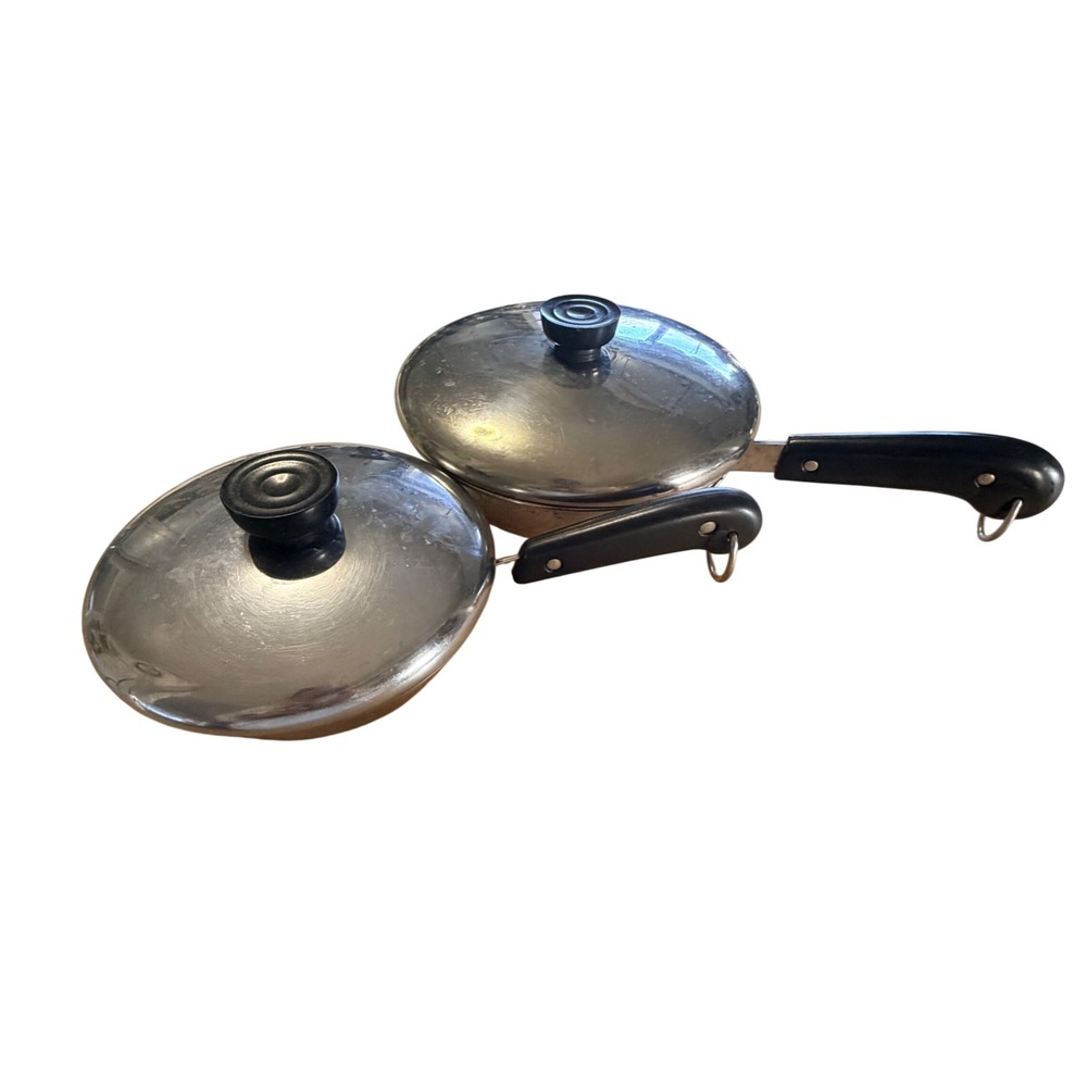 Vintage Revere Ware Copper Clad Skillet Set 2 Pans with Lids 8in and 6in
